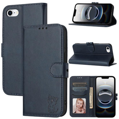 For iPhone 16e Embossed Happy Cat Pattern Flip Leather Phone Case(Blue) by buy2fix