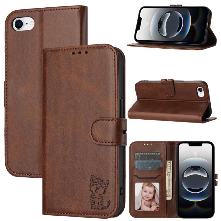 For iPhone 16e Embossed Happy Cat Pattern Flip Leather Phone Case(Brown) by buy2fix