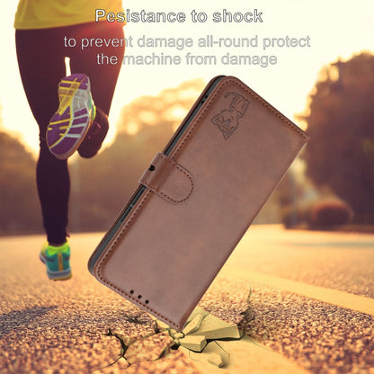 For iPhone 16e Embossed Happy Cat Pattern Flip Leather Phone Case(Brown) by buy2fix