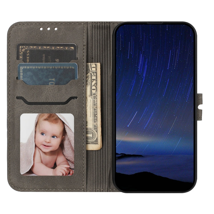 For iPhone 16e Embossed Happy Cat Pattern Flip Leather Phone Case(Grey) by buy2fix