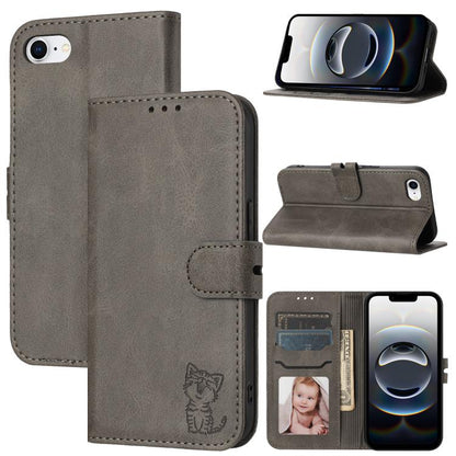 For iPhone 16e Embossed Happy Cat Pattern Flip Leather Phone Case(Grey) by buy2fix