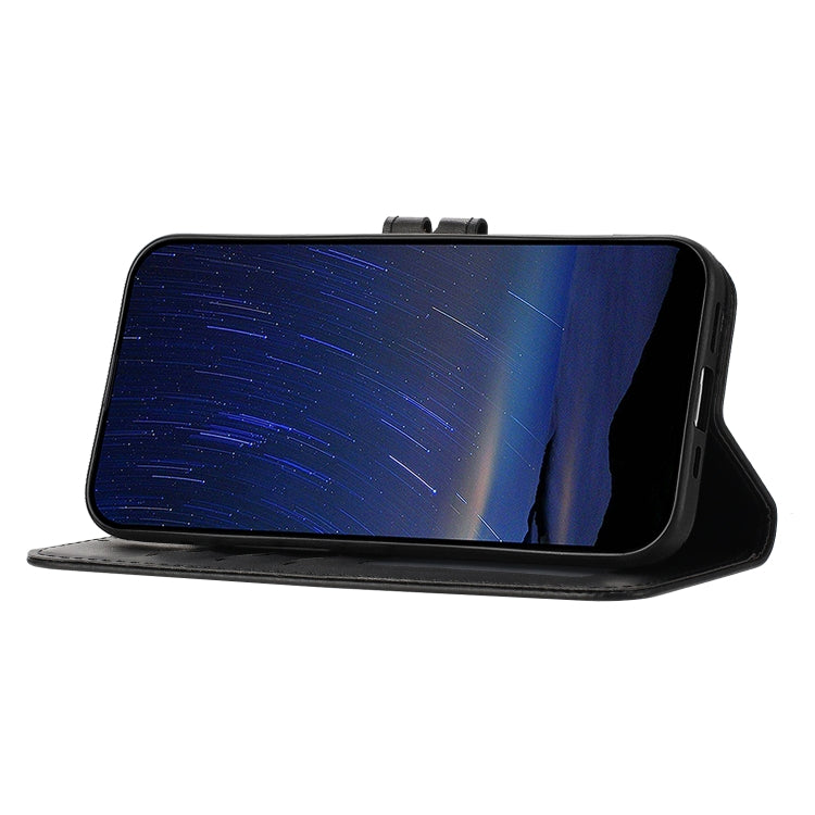 For iPhone 16e Embossed Happy Cat Pattern Flip Leather Phone Case(Black) by buy2fix