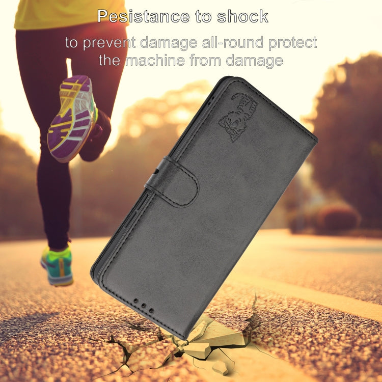 For iPhone 16e Embossed Happy Cat Pattern Flip Leather Phone Case(Black) by buy2fix