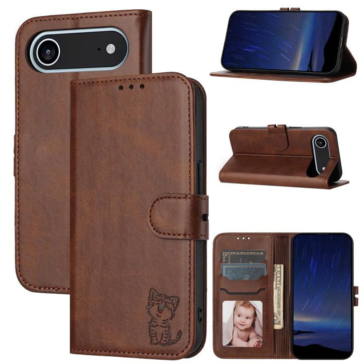 For iPhone Air Embossed Happy Cat Pattern Flip Leather Phone Case(Brown) - iPhone Air Cases by buy2fix | Online Shopping UK | buy2fix