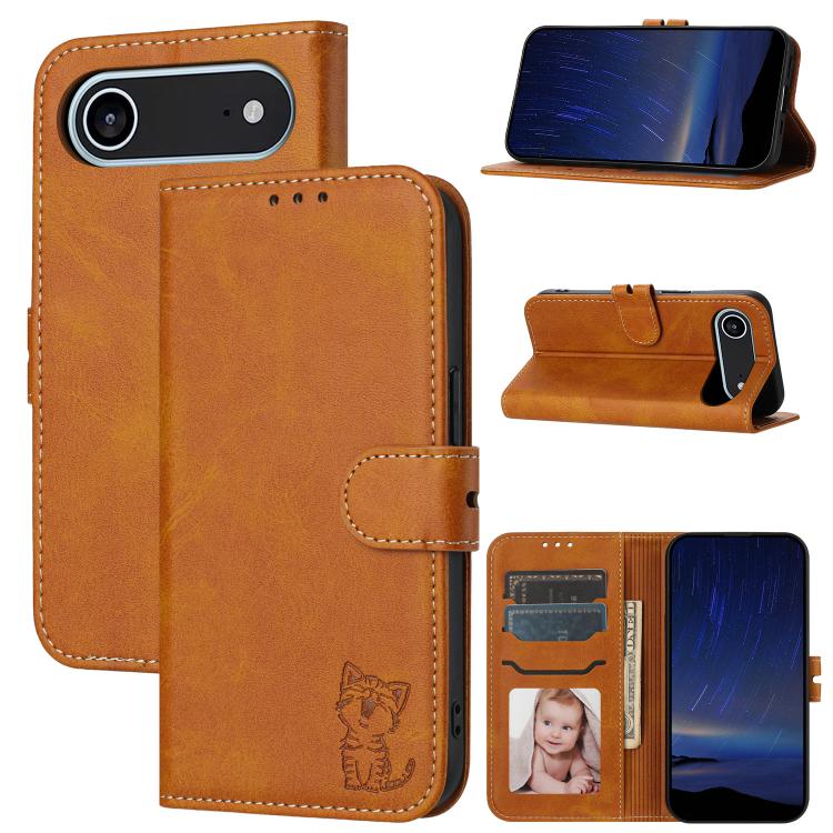 For iPhone Air Embossed Happy Cat Pattern Flip Leather Phone Case(Yellow) - iPhone Air Cases by buy2fix | Online Shopping UK | buy2fix