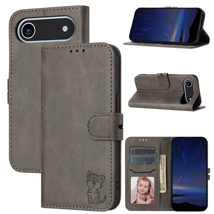 For iPhone Air Embossed Happy Cat Pattern Flip Leather Phone Case(Grey) - iPhone Air Cases by buy2fix | Online Shopping UK | buy2fix