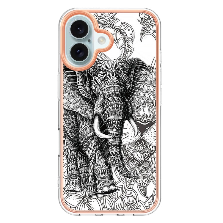 For iPhone 16 Plus Electroplating Marble Dual-side IMD Phone Case(Totem Elephant) - iPhone 16 Plus Cases by buy2fix | Online Shopping UK | buy2fix