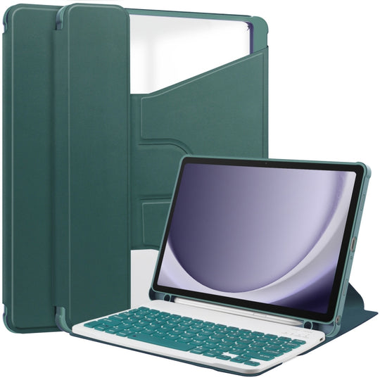 For Samsung Galaxy Tab A9+ 360 Rotation Transparent Smart Leather Case with Keyboard(Dark Green)