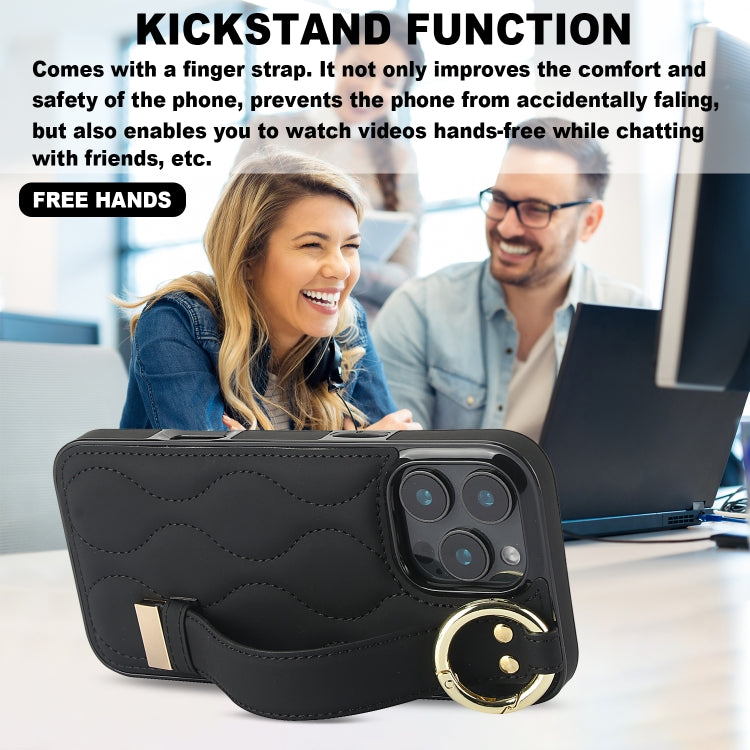 For iPhone 16 Pro Max Non-slip Full Coverage Ring PU Phone Case with Wristband(Black) by buy2fix