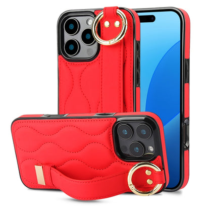 For iPhone 16 Pro Max Non-slip Full Coverage Ring PU Phone Case with Wristband(Red) by buy2fix