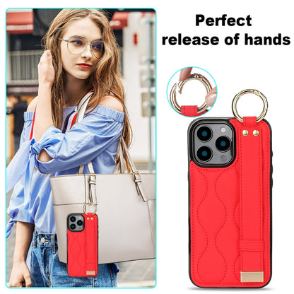 For iPhone 16 Pro Max Non-slip Full Coverage Ring PU Phone Case with Wristband(Red) by buy2fix