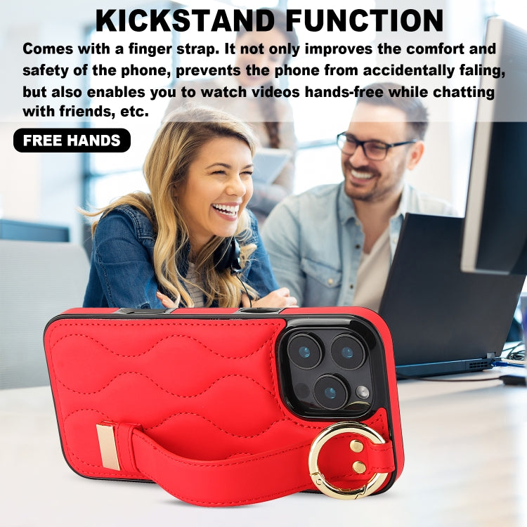 For iPhone 16 Pro Max Non-slip Full Coverage Ring PU Phone Case with Wristband(Red) by buy2fix