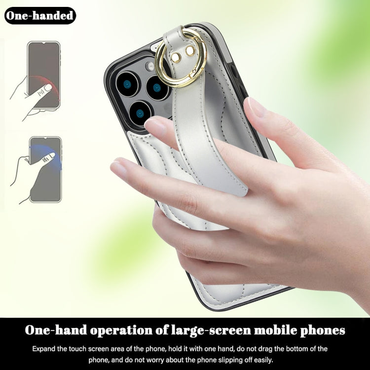 For iPhone 16 Pro Max Non-slip Full Coverage Ring PU Phone Case with Wristband(Silver) by buy2fix