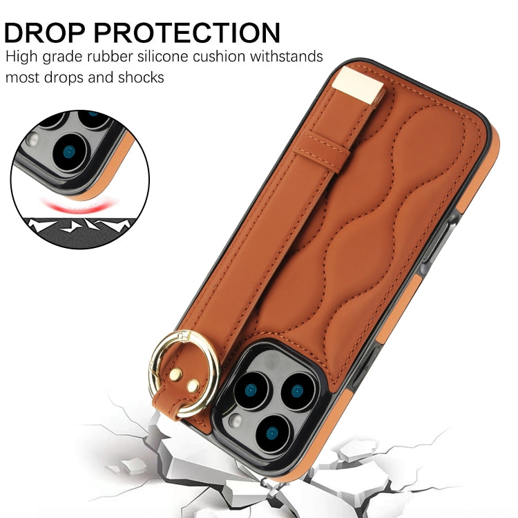 For iPhone 16 Pro Max Non-slip Full Coverage Ring PU Phone Case with Wristband(Brown) by buy2fix