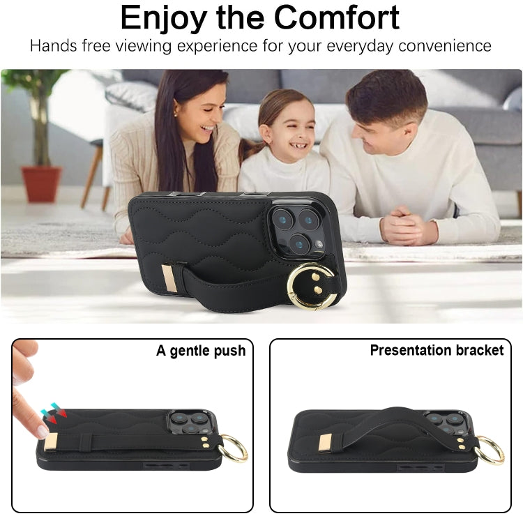 For iPhone 16 Pro Non-slip Full Coverage Ring PU Phone Case with Wristband(Black) by buy2fix