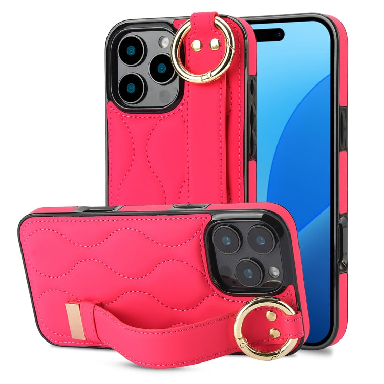 For iPhone 16 Pro Non-slip Full Coverage Ring PU Phone Case with Wristband(Rose Red) by buy2fix