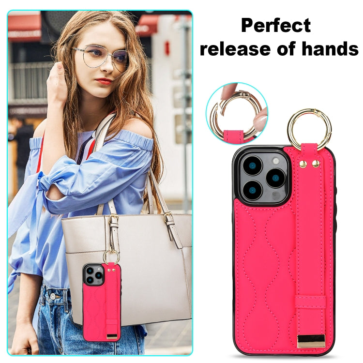 For iPhone 16 Pro Non-slip Full Coverage Ring PU Phone Case with Wristband(Rose Red) by buy2fix