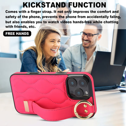 For iPhone 16 Pro Non-slip Full Coverage Ring PU Phone Case with Wristband(Rose Red) by buy2fix