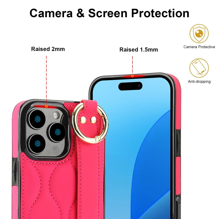 For iPhone 16 Pro Non-slip Full Coverage Ring PU Phone Case with Wristband(Rose Red) by buy2fix