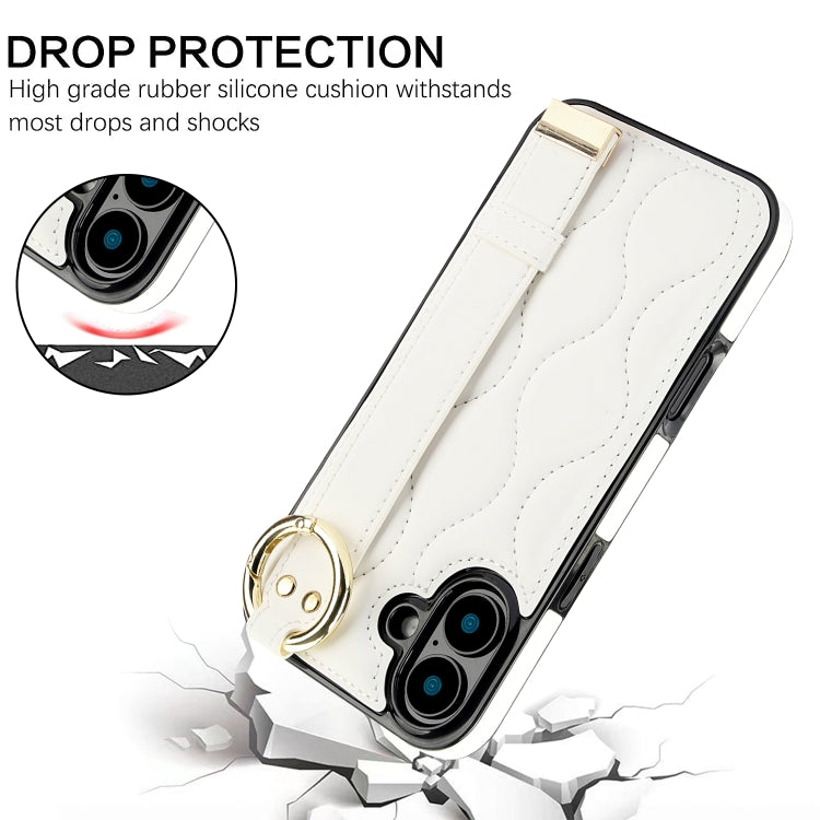 For iPhone 16 Plus Non-slip Full Coverage Ring PU Phone Case with Wristband(White) - iPhone 16 Plus Cases by buy2fix | Online Shopping UK | buy2fix