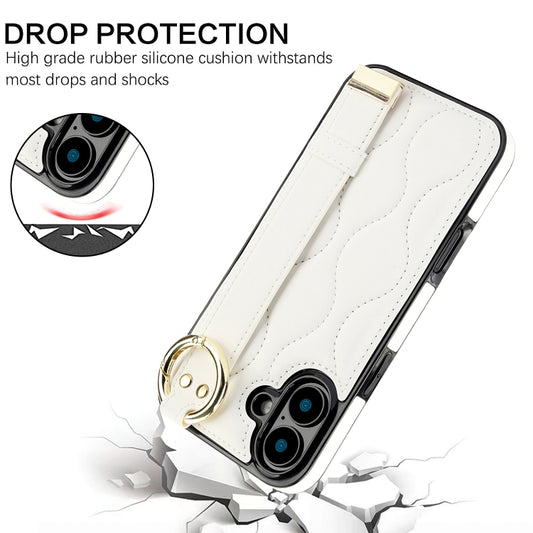 For iPhone 16 Plus Non-slip Full Coverage Ring PU Phone Case with Wristband(White) - iPhone 16 Plus Cases by buy2fix | Online Shopping UK | buy2fix