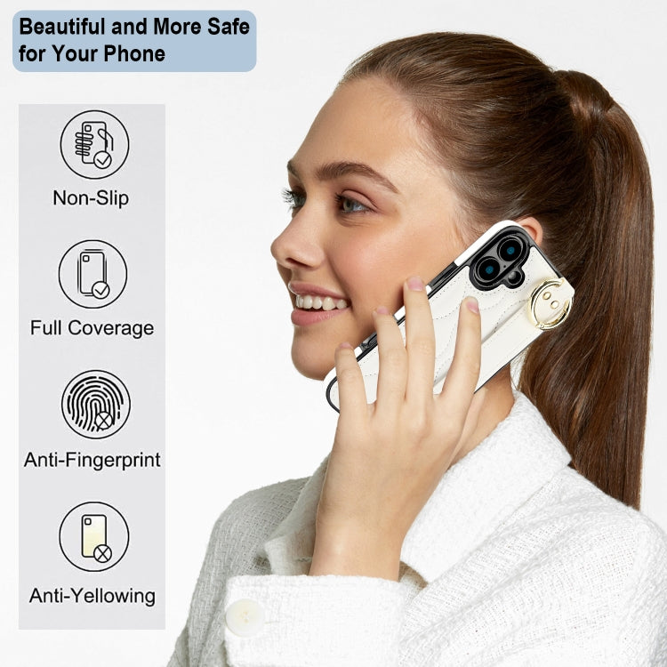 For iPhone 16 Plus Non-slip Full Coverage Ring PU Phone Case with Wristband(White) - iPhone 16 Plus Cases by buy2fix | Online Shopping UK | buy2fix