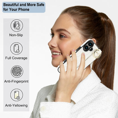 For iPhone 16 Plus Non-slip Full Coverage Ring PU Phone Case with Wristband(White) - iPhone 16 Plus Cases by buy2fix | Online Shopping UK | buy2fix
