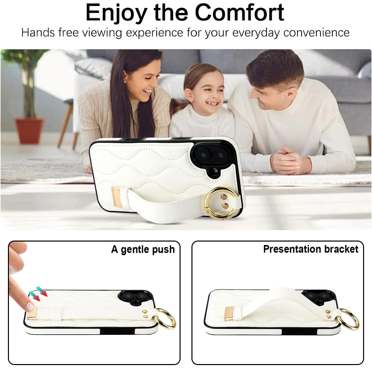 For iPhone 16 Plus Non-slip Full Coverage Ring PU Phone Case with Wristband(White) - iPhone 16 Plus Cases by buy2fix | Online Shopping UK | buy2fix