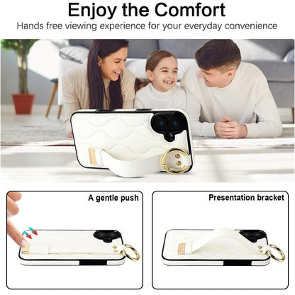 For iPhone 16 Plus Non-slip Full Coverage Ring PU Phone Case with Wristband(White) - iPhone 16 Plus Cases by buy2fix | Online Shopping UK | buy2fix