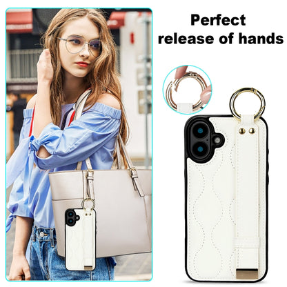 For iPhone 16 Plus Non-slip Full Coverage Ring PU Phone Case with Wristband(White) - iPhone 16 Plus Cases by buy2fix | Online Shopping UK | buy2fix