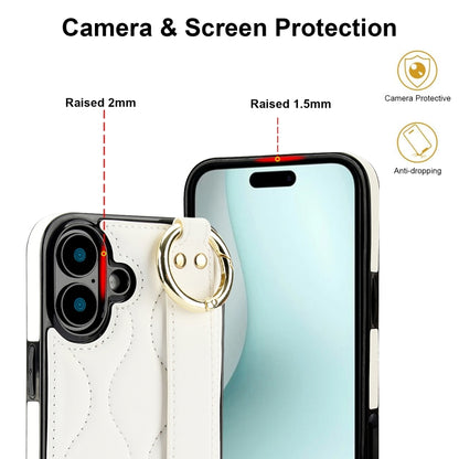 For iPhone 16 Plus Non-slip Full Coverage Ring PU Phone Case with Wristband(White) - iPhone 16 Plus Cases by buy2fix | Online Shopping UK | buy2fix