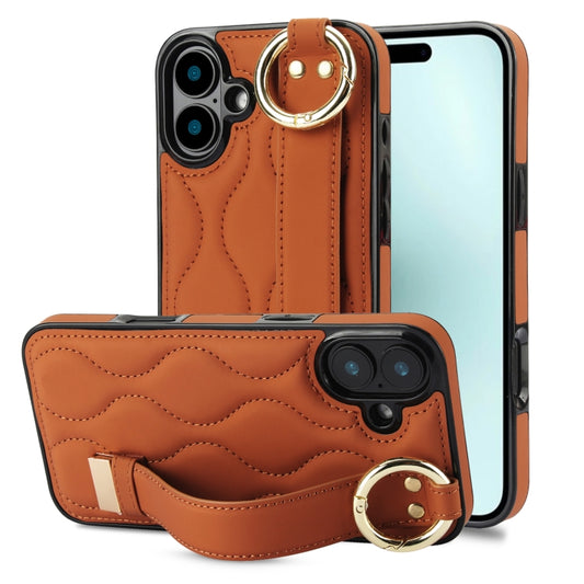 For iPhone 16 Plus Non-slip Full Coverage Ring PU Phone Case with Wristband(Brown) - iPhone 16 Plus Cases by buy2fix | Online Shopping UK | buy2fix
