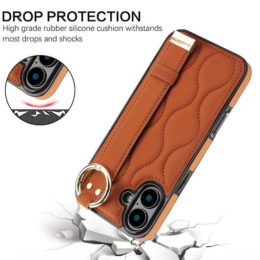 For iPhone 16 Plus Non-slip Full Coverage Ring PU Phone Case with Wristband(Brown) - iPhone 16 Plus Cases by buy2fix | Online Shopping UK | buy2fix