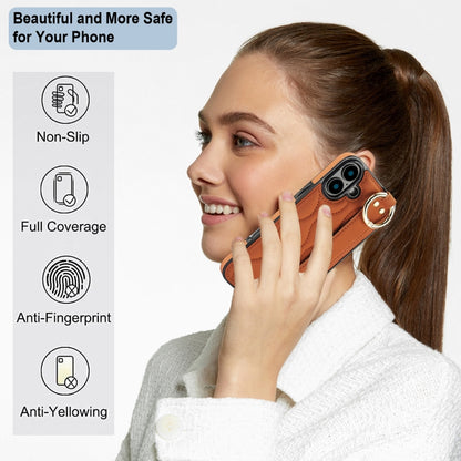 For iPhone 16 Plus Non-slip Full Coverage Ring PU Phone Case with Wristband(Brown) - iPhone 16 Plus Cases by buy2fix | Online Shopping UK | buy2fix