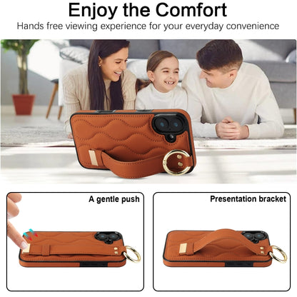 For iPhone 16 Plus Non-slip Full Coverage Ring PU Phone Case with Wristband(Brown) - iPhone 16 Plus Cases by buy2fix | Online Shopping UK | buy2fix