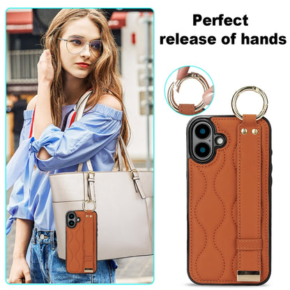 For iPhone 16 Plus Non-slip Full Coverage Ring PU Phone Case with Wristband(Brown) - iPhone 16 Plus Cases by buy2fix | Online Shopping UK | buy2fix