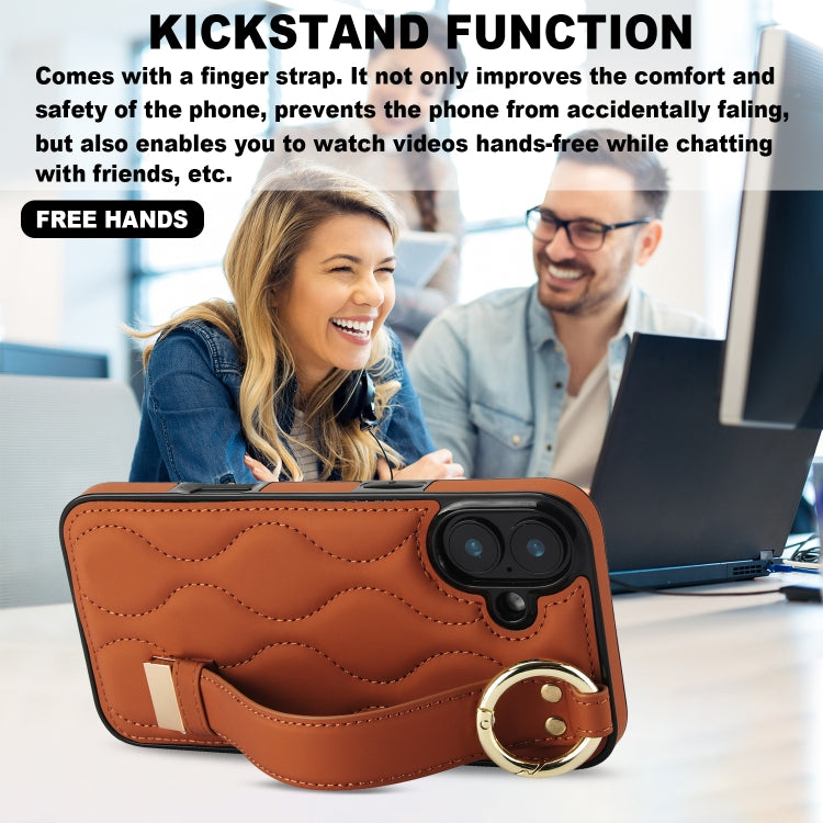 For iPhone 16 Plus Non-slip Full Coverage Ring PU Phone Case with Wristband(Brown) - iPhone 16 Plus Cases by buy2fix | Online Shopping UK | buy2fix