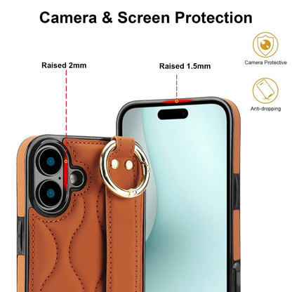 For iPhone 16 Plus Non-slip Full Coverage Ring PU Phone Case with Wristband(Brown) - iPhone 16 Plus Cases by buy2fix | Online Shopping UK | buy2fix