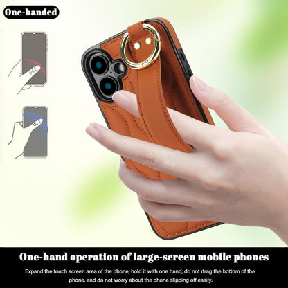 For iPhone 16 Plus Non-slip Full Coverage Ring PU Phone Case with Wristband(Brown) - iPhone 16 Plus Cases by buy2fix | Online Shopping UK | buy2fix