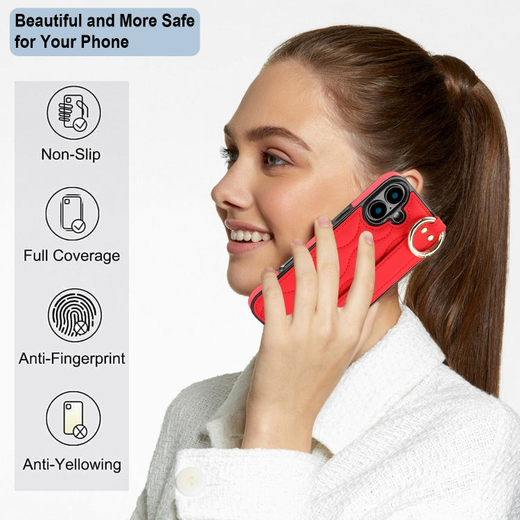 For iPhone 16 Non-slip Full Coverage Ring PU Phone Case with Wristband(Red) - iPhone 16 Cases by buy2fix | Online Shopping UK | buy2fix