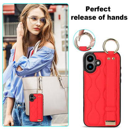 For iPhone 16 Non-slip Full Coverage Ring PU Phone Case with Wristband(Red) - iPhone 16 Cases by buy2fix | Online Shopping UK | buy2fix