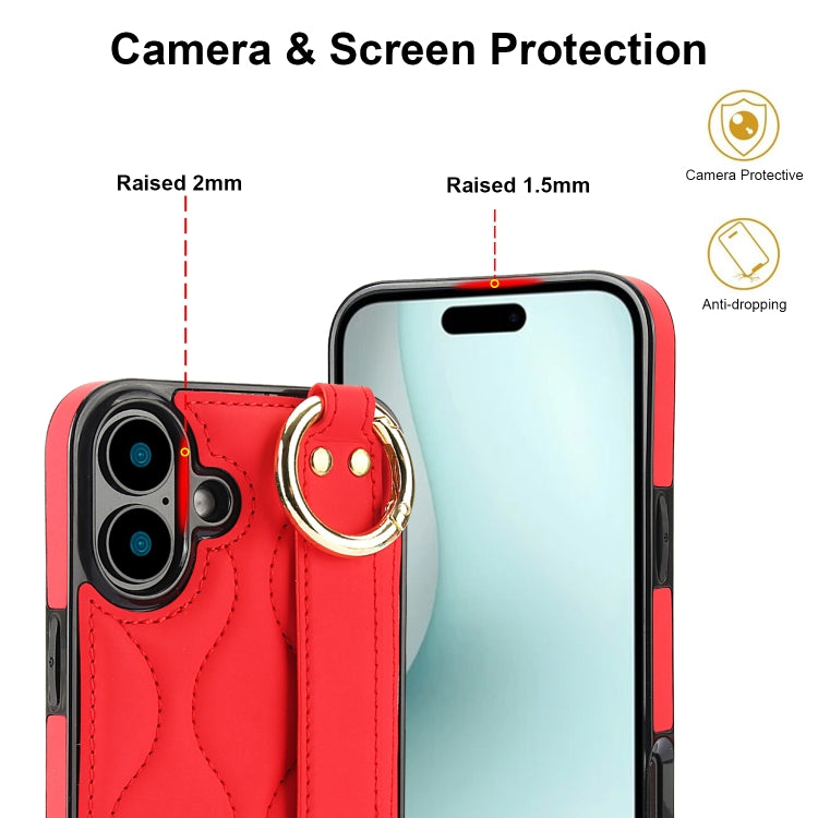 For iPhone 16 Non-slip Full Coverage Ring PU Phone Case with Wristband(Red) - iPhone 16 Cases by buy2fix | Online Shopping UK | buy2fix