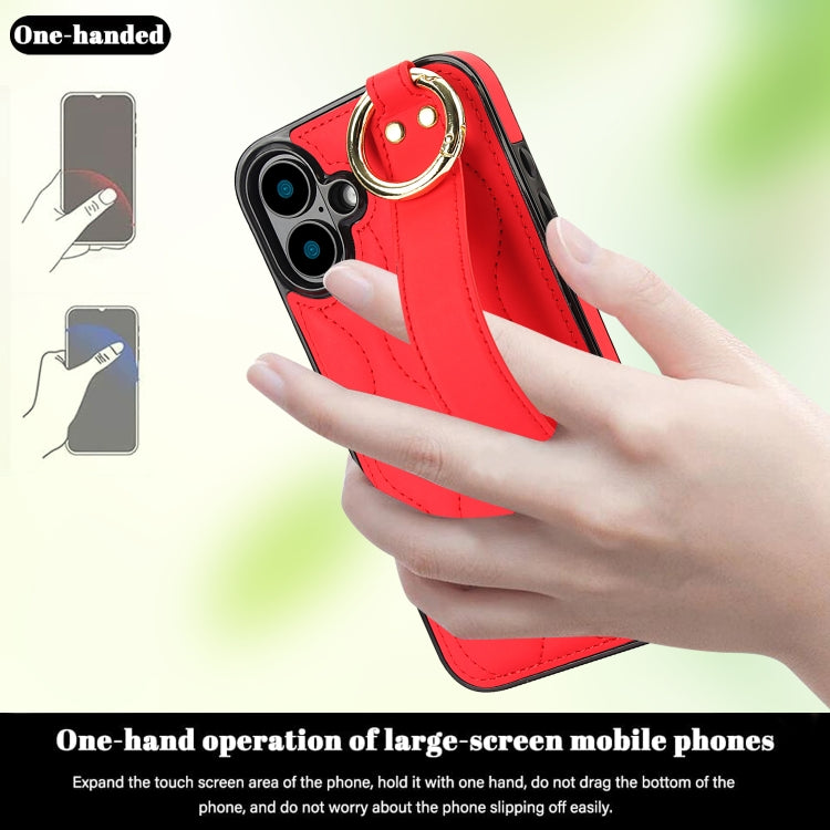 For iPhone 16 Non-slip Full Coverage Ring PU Phone Case with Wristband(Red) - iPhone 16 Cases by buy2fix | Online Shopping UK | buy2fix