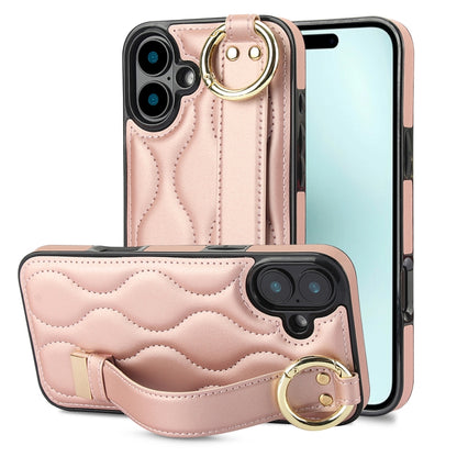 For iPhone 16 Non-slip Full Coverage Ring PU Phone Case with Wristband(Rose Gold) - iPhone 16 Cases by buy2fix | Online Shopping UK | buy2fix