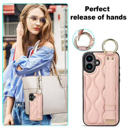 For iPhone 16 Non-slip Full Coverage Ring PU Phone Case with Wristband(Rose Gold) - iPhone 16 Cases by buy2fix | Online Shopping UK | buy2fix