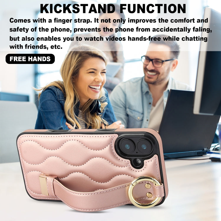 For iPhone 16 Non-slip Full Coverage Ring PU Phone Case with Wristband(Rose Gold) - iPhone 16 Cases by buy2fix | Online Shopping UK | buy2fix