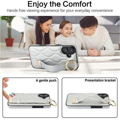 For iPhone 16 Non-slip Full Coverage Ring PU Phone Case with Wristband(Silver) - iPhone 16 Cases by buy2fix | Online Shopping UK | buy2fix