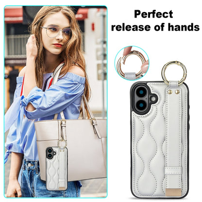 For iPhone 16 Non-slip Full Coverage Ring PU Phone Case with Wristband(Silver) - iPhone 16 Cases by buy2fix | Online Shopping UK | buy2fix