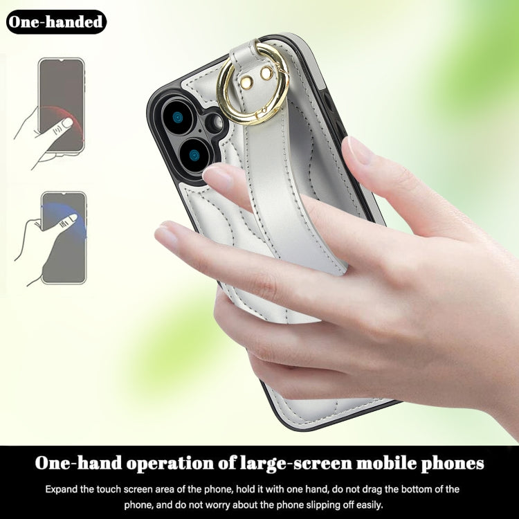 For iPhone 16 Non-slip Full Coverage Ring PU Phone Case with Wristband(Silver) - iPhone 16 Cases by buy2fix | Online Shopping UK | buy2fix