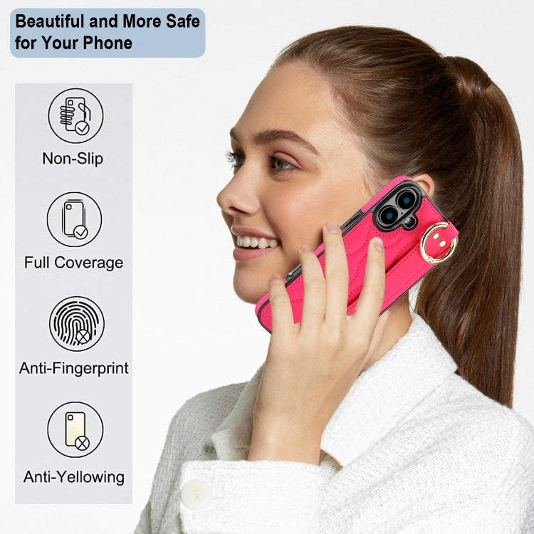 For iPhone 16 Non-slip Full Coverage Ring PU Phone Case with Wristband(Rose Red) - iPhone 16 Cases by buy2fix | Online Shopping UK | buy2fix